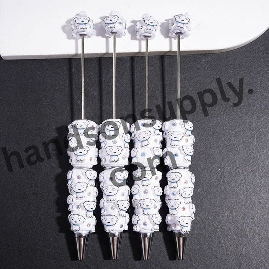 Adorable Japanese Anime White Dog Character with Blue Collar & Sparkling AB Rhinestone Beadable Clay Pens