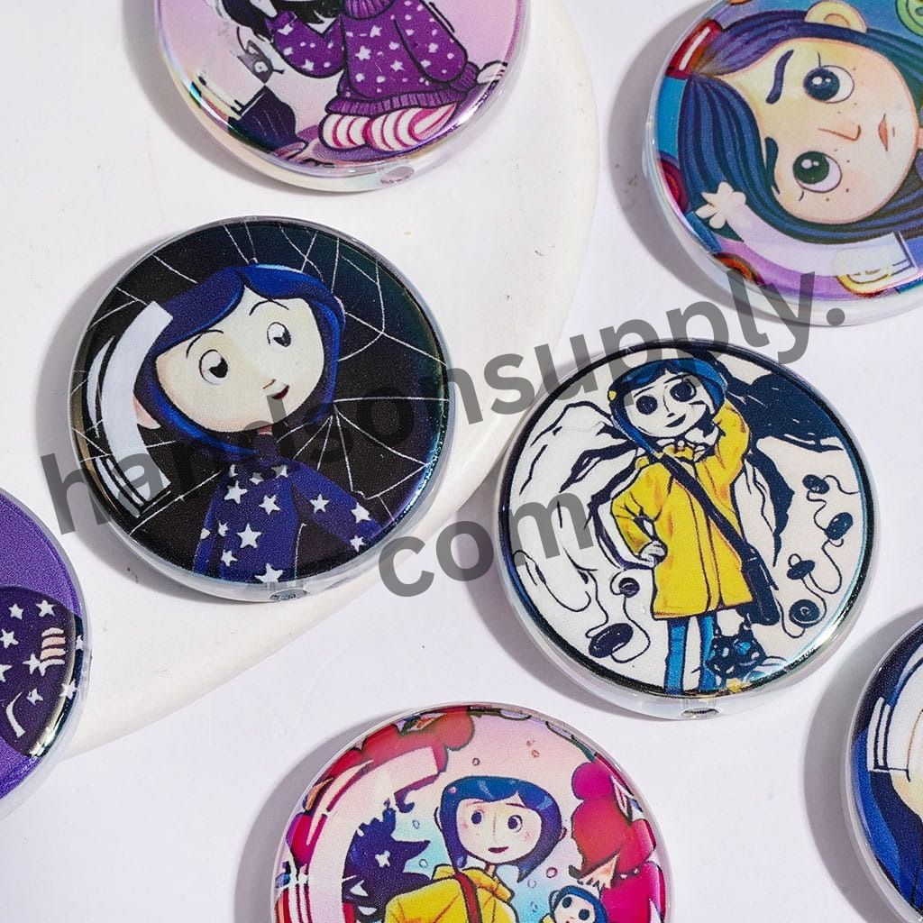 UV-Coated Spooky Ghost Mother Character Series Flat Round Shape Acrylic Beads, 31MM, Random Mix