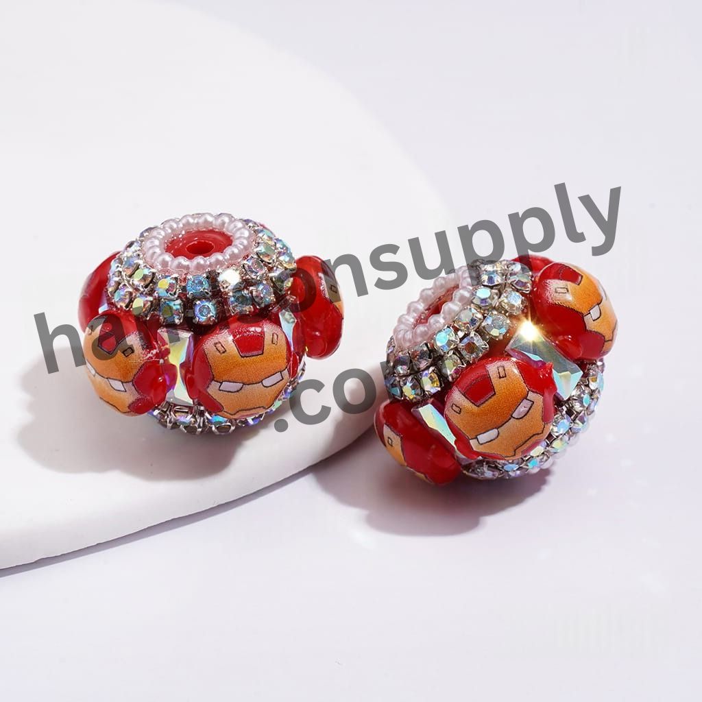 Superhero Character Handmade Acrylic Beads with Clear Rhinestone Chain & AB Crystal Spacer, 22MM, Multi Colors Random Mix