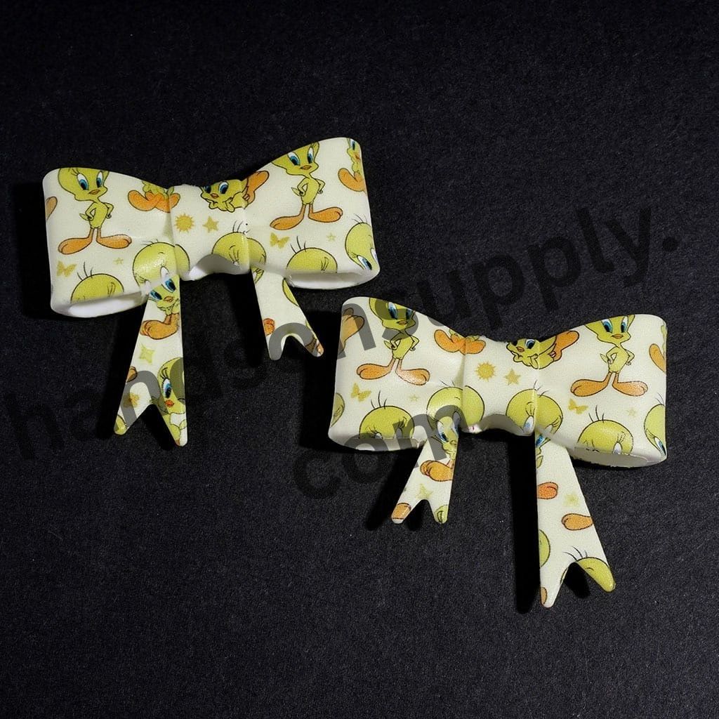 UV-Printed Yellow Bird, Butterfly & Sun Design Soft Bowtie Shape Silicone Focal Beads, 53*59MM