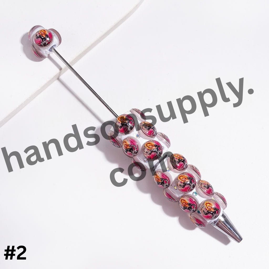 Retro American Country Singer Character Printed Rounded Design with Sparkling AB Rhinestones on a Rose Pink and White Background Beadable Clay Pens