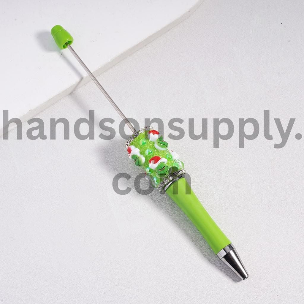 Green Monster Character Beadable Pen with Christmas Hat & Clear Rhinestone Chain