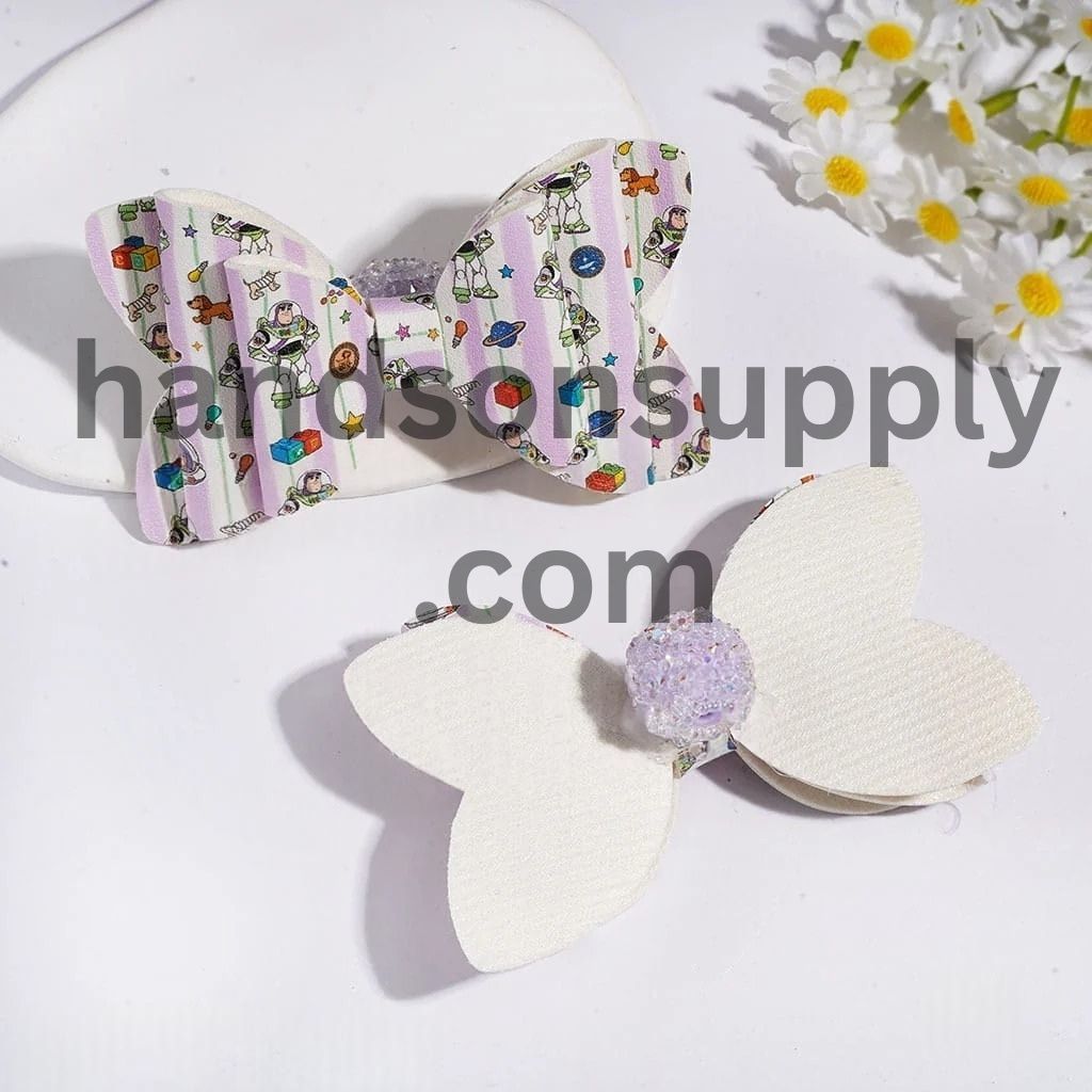 Playful Toy Adventure Character Three-Layer Fabric Bowtie with Sparkling Cone-Shaped AB Rhinestones, Clear Pearl Loop & Sugar Beads, Multicolor Random Mix