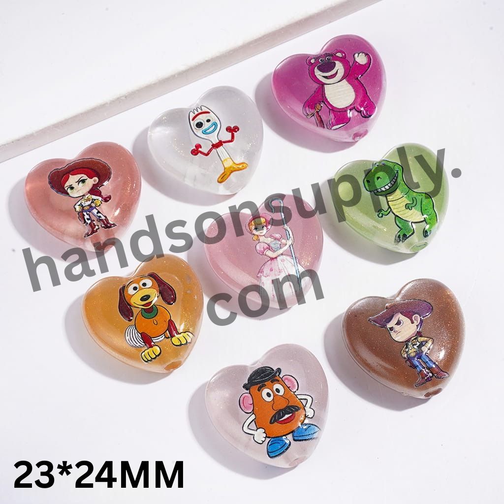 Adorable Toy Adventure Character Image Series Glitter Heart Shaped Acrylic Beads, 23*24MM, Random Mix
