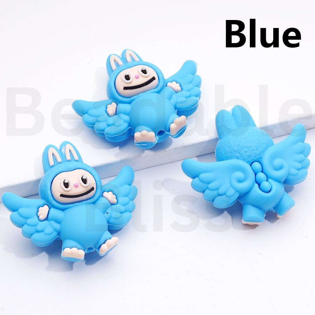 3D Pink White Cute Labub with Wings Silicone Focal Beads