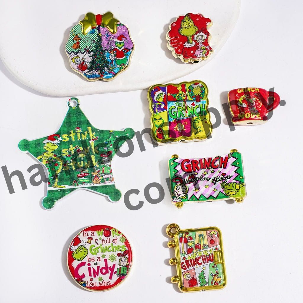 Festive Green Christmas Character Series Gold Edge Design Acrylic Beads and Pendants, Random Mix