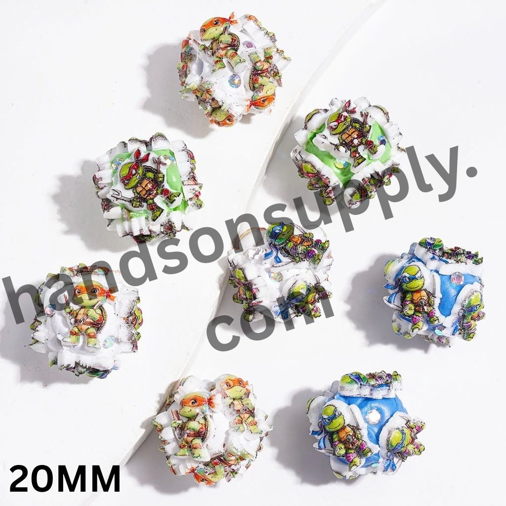 Green Comic Hero Turtle Character with Eye Mask and Knee Pads Clay Beads, 20MM, Random Mix