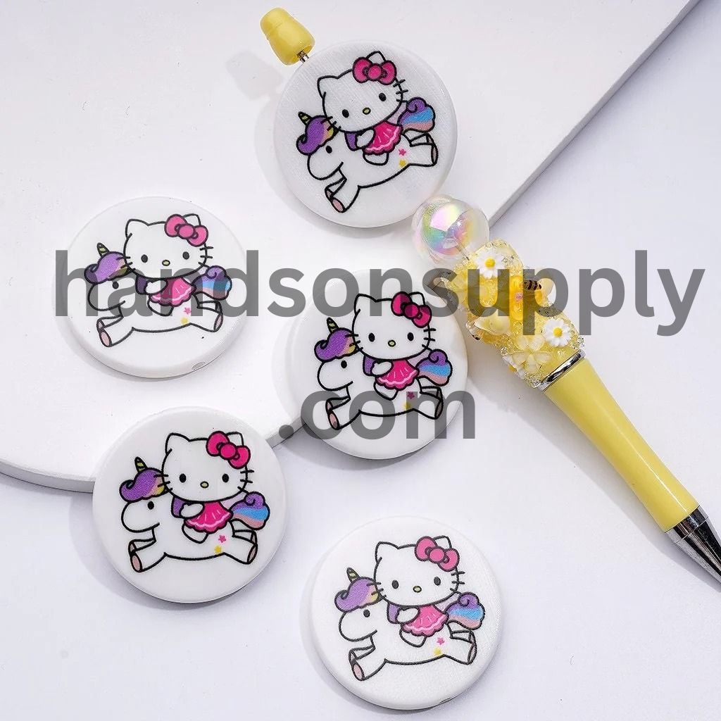Round Flat Cute Cat Character with Blue Wings Ice Cream Drives a Car Unicorn Adorable Character Acrylic Beads, Around 38MM