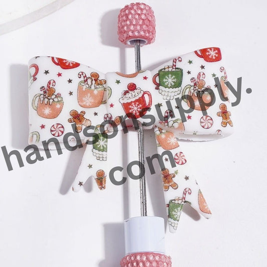UV Printed Festive Christmas Gingerbread Man Candy Cane Cup Soft Bowtie Shape Silicone Focal Beads, 53*59MM