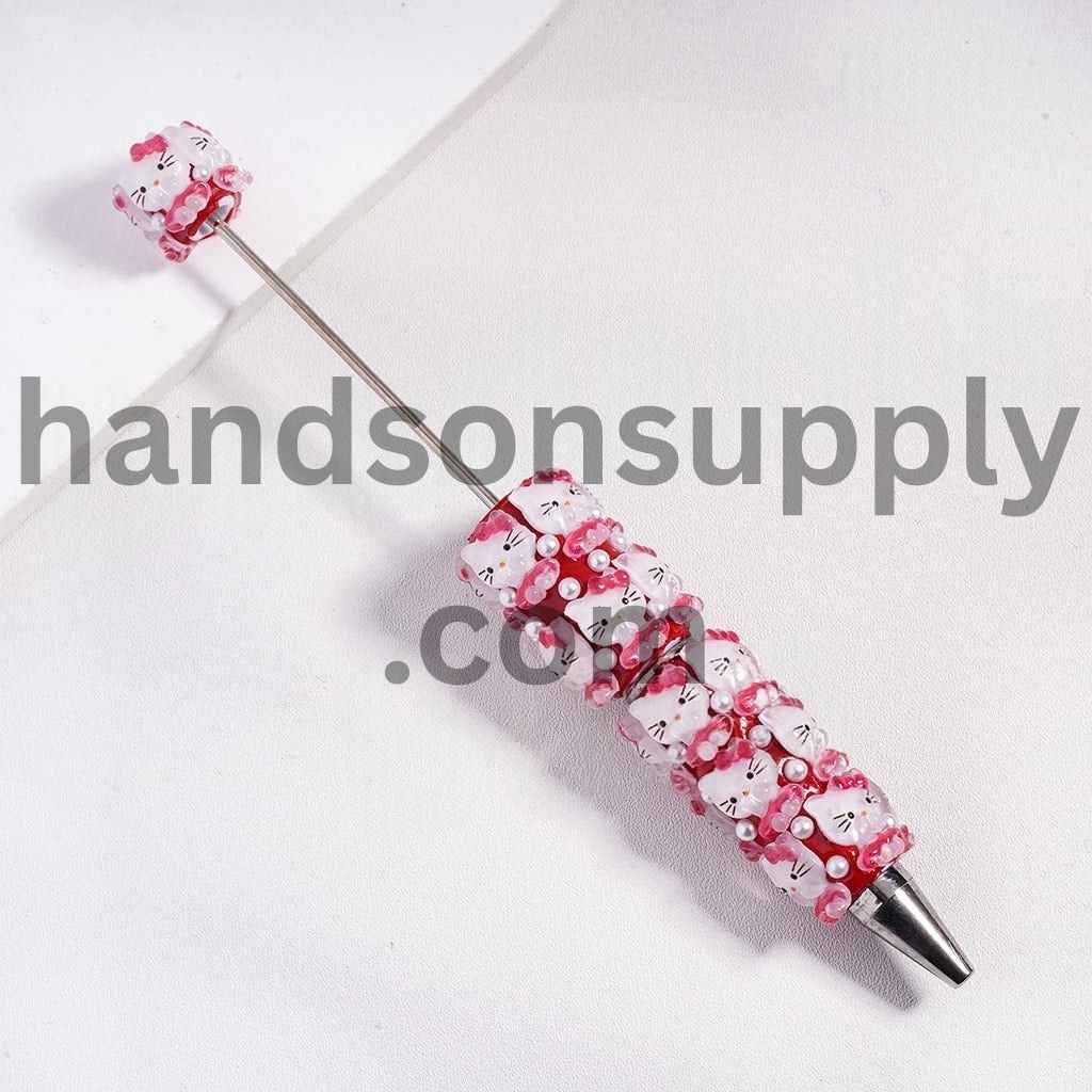 Cute Cat Character Wearing Skirt with Bowtie on Head and White Pearls Beadable Clay Pen Random Mix