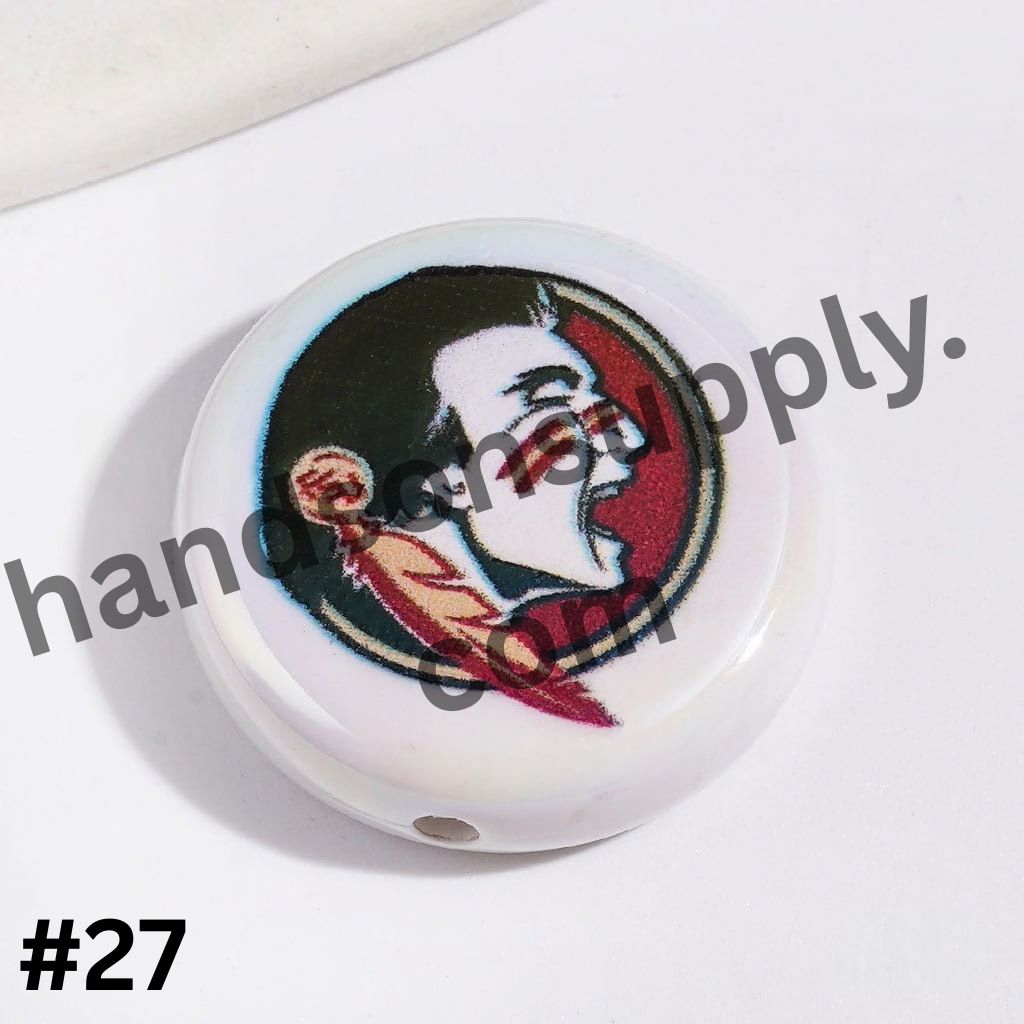 UV-Coated American College Sports Football Team Logo Series Flat Round Acrylic Beads, 23MM