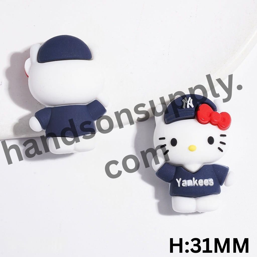 3D Cat Character Wearing Sporty NY Baseball Cap and Red Bowtie Silicone Focal Bead, Height 31MM