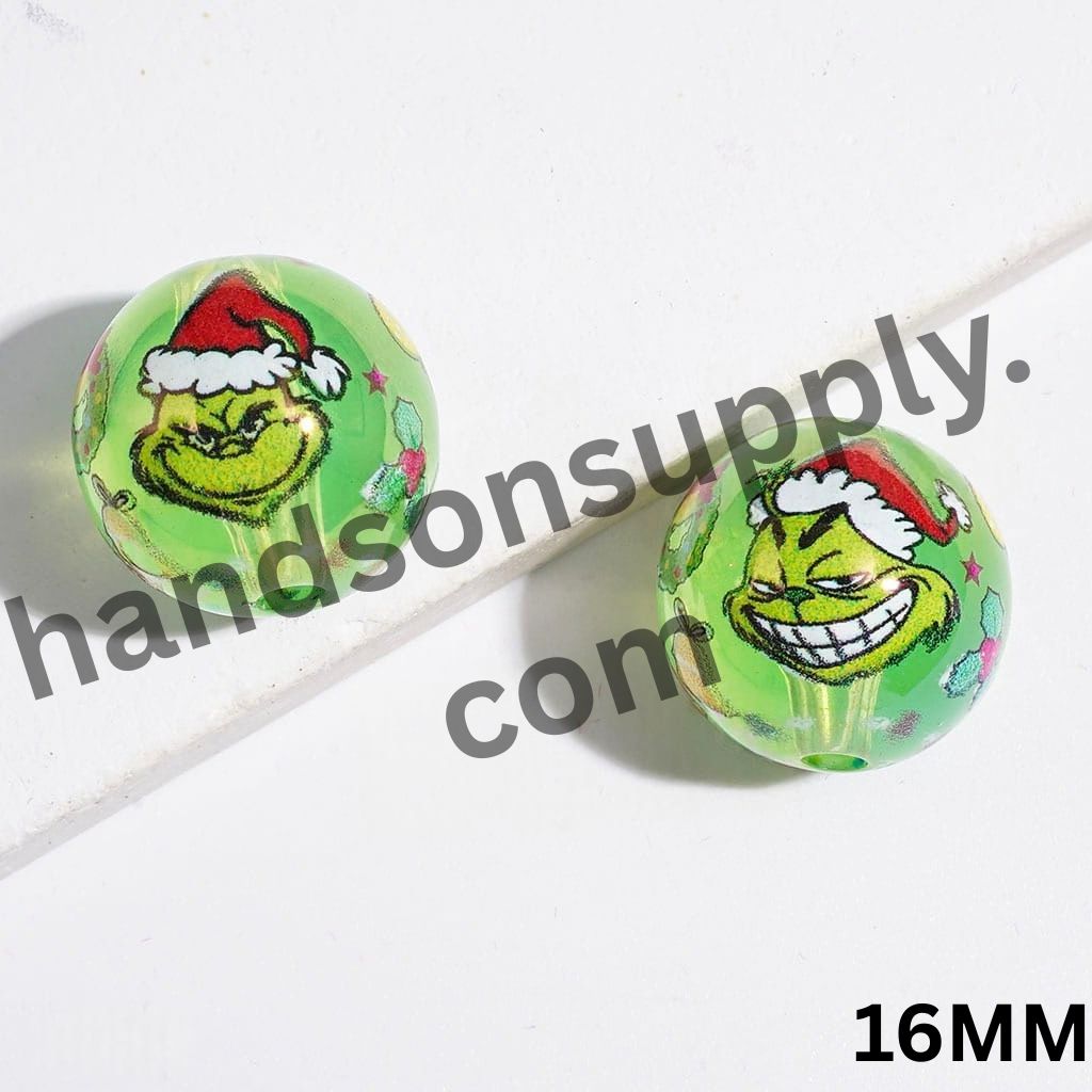 Transparent Green Christmas Character Face & Candy Cane, Wreath, Stocking, Ball and Gift Box Printed Round Acrylic Beads for Bracelets, 16MM, Random Mix