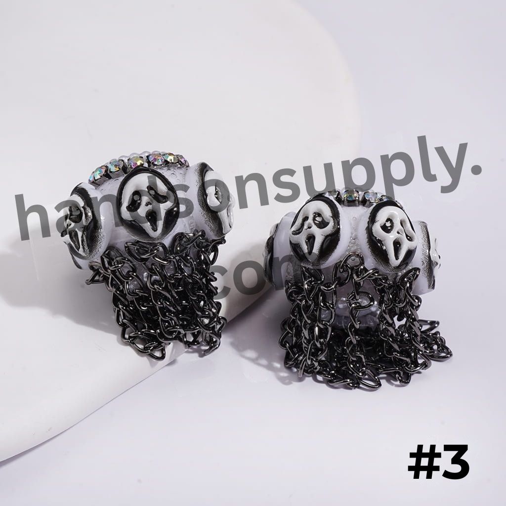 Horror Character with Black Tassel Chains White Pearls & AB Rhinestones Handmade Acrylic Beads
