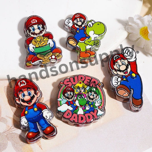 Adorable Plumber Character with Game-Themed Prints, Acrylic Beads, Random Mix