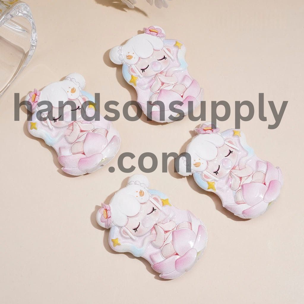 Cute Sleeping Girl Character Design Blowing Bubbles and Resting on Pink Lotus Flower, Raised Pattern Acrylic Beads, 49*35MM