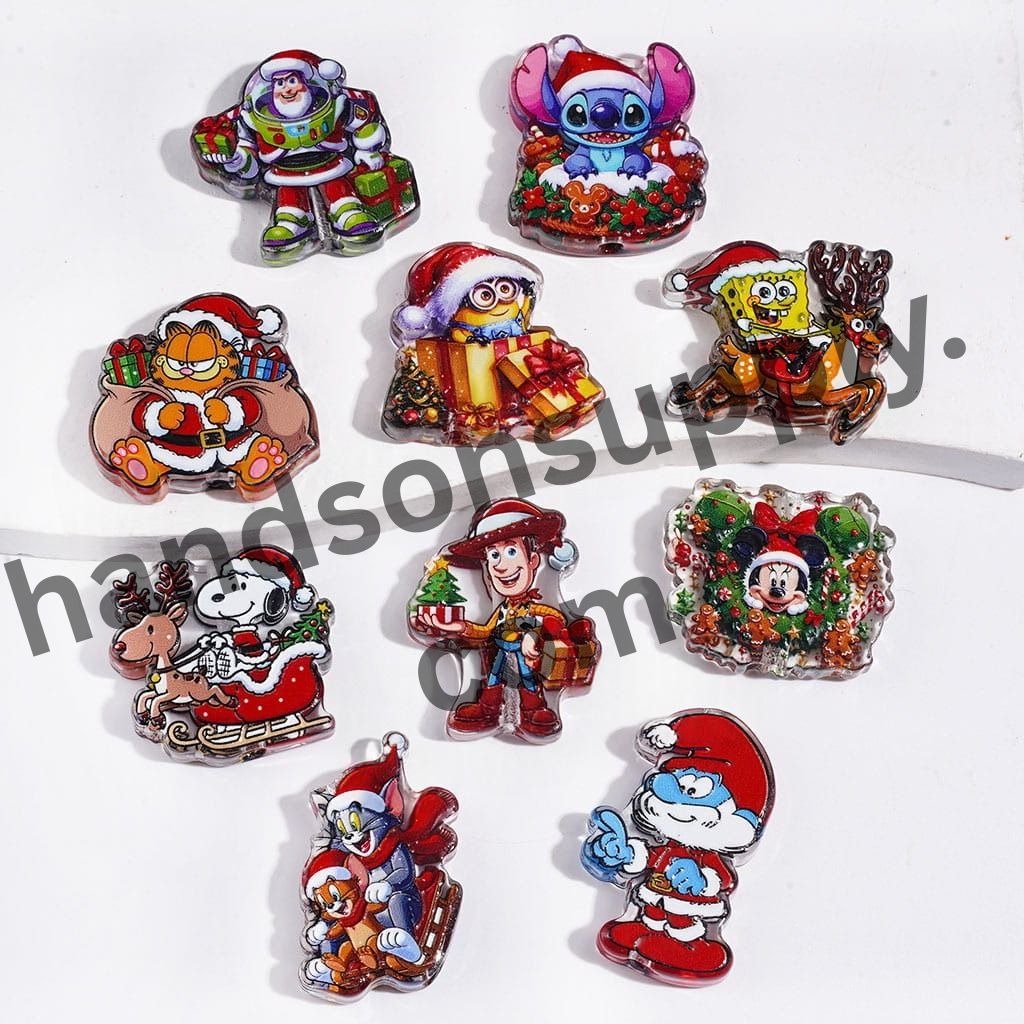 Festive Cartoon Character Series Christmas-Themed Acrylic Beads, Random Mix
