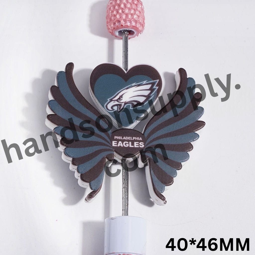 American Football Bird Team Pattern Printed Heart and Wing Silicone Focal Beads Set, 40*46MM