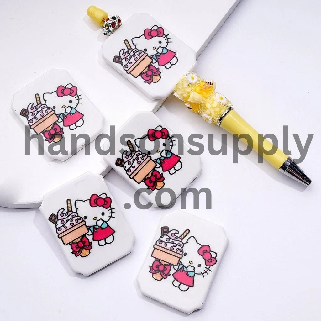Cute Cat Character with Blue Wings Ice Cream Drives a Car Adorable Character Unicorn Balloons Rectangle Flat Acrylic Beads, Around 45*35MM