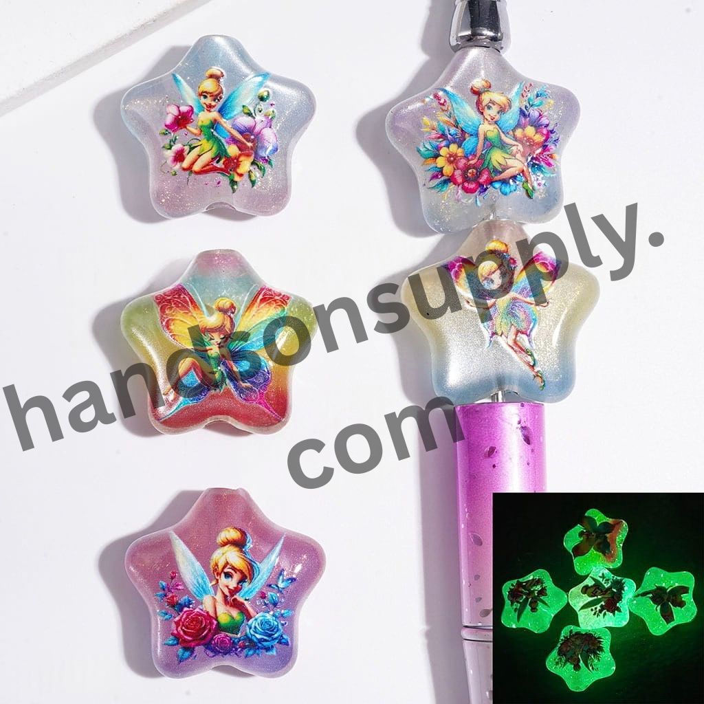 Luminous Gold Glittery Rainbow Fairy Character Prints with Flowers & Cat-Eye Style Star-Shaped Acrylic Beads, 25MM, Random Mix