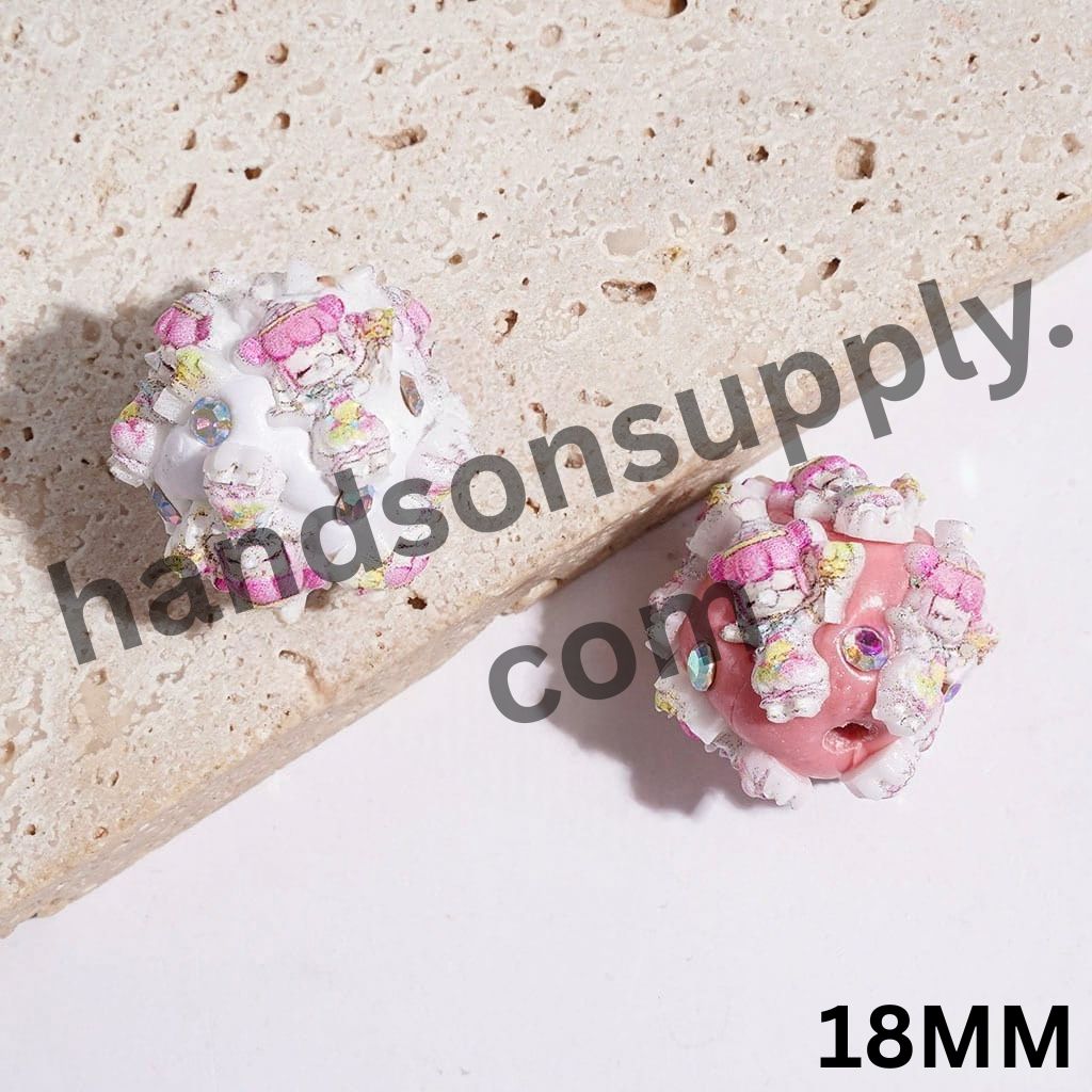 Pink-Haired Girl Blowing Bubbles with Sparkling AB Rhinestone Pink & White Base Clay Beads, 18MM, Random Mix