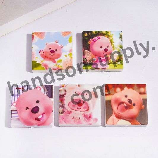 Cute Pink Beaver Character Series Flat Square Silicone Focal Beads, 28*28MM, Random Mix