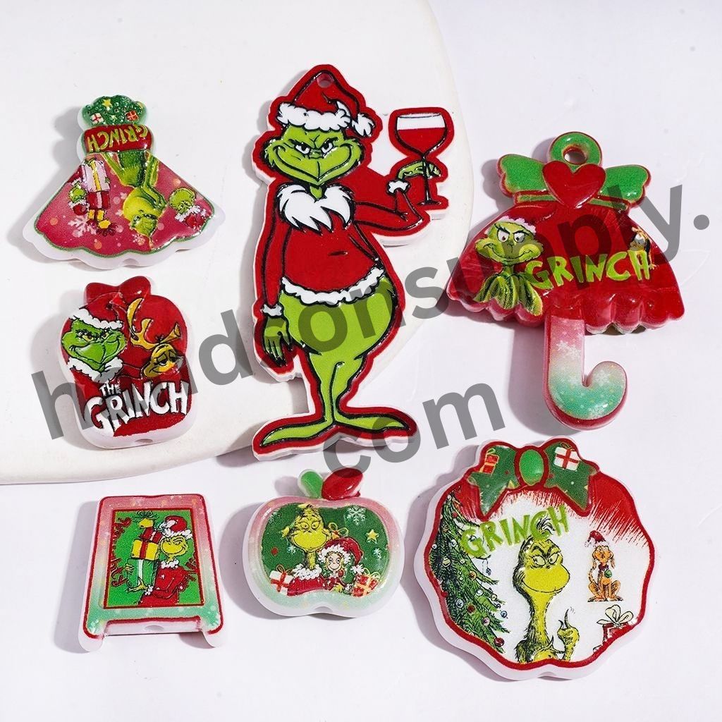 Playful Festive Green Character Series Christmas Theme Acrylic Beads, Random Mix