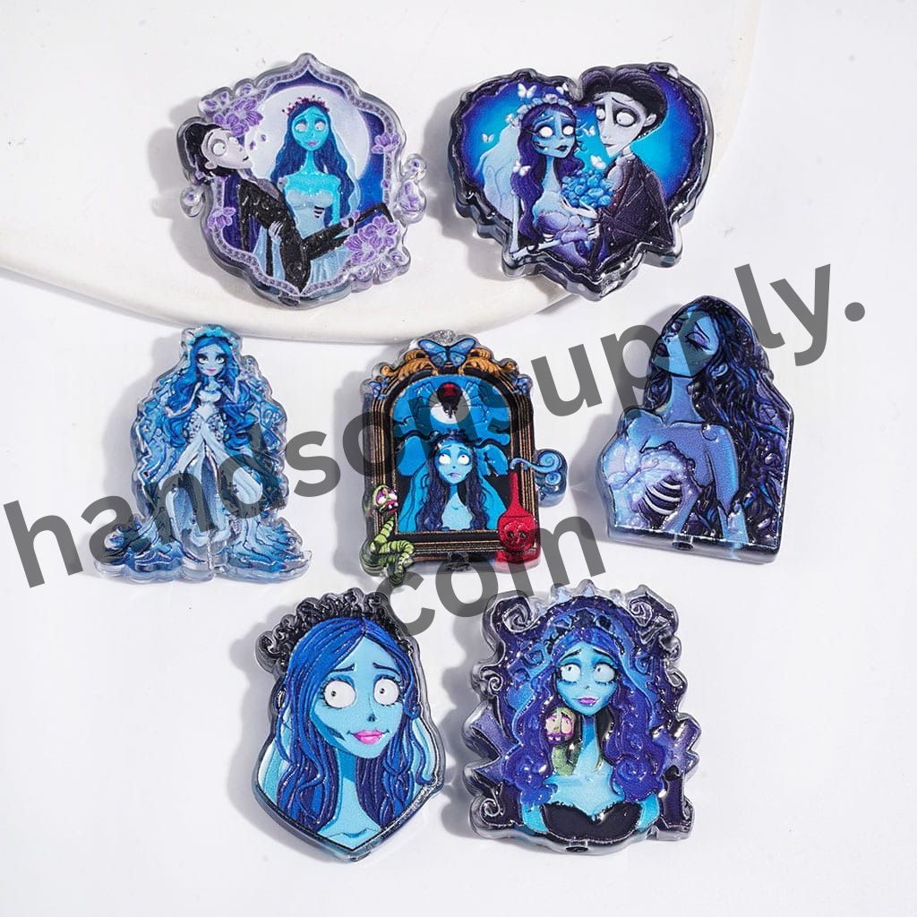 Spooky Blue Halloween Skull Couple Character Series Semi-Transparent Acrylic Beads, Random Mix
