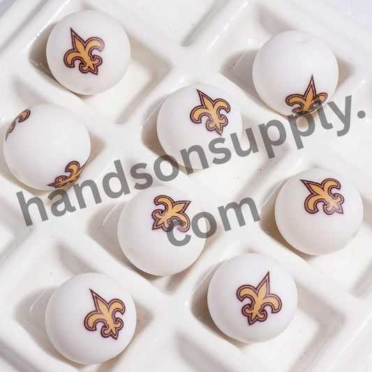NOLA American Football Team Golden Iris Coat of Arms Printed Round Silicone Beads for DIY Bracelets, 15MM