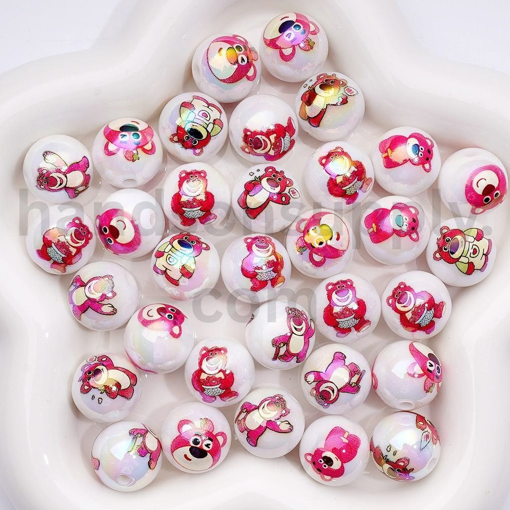 UV Coated Pink Bear Design Clear White Jelly Color Acrylic Beads 16MM