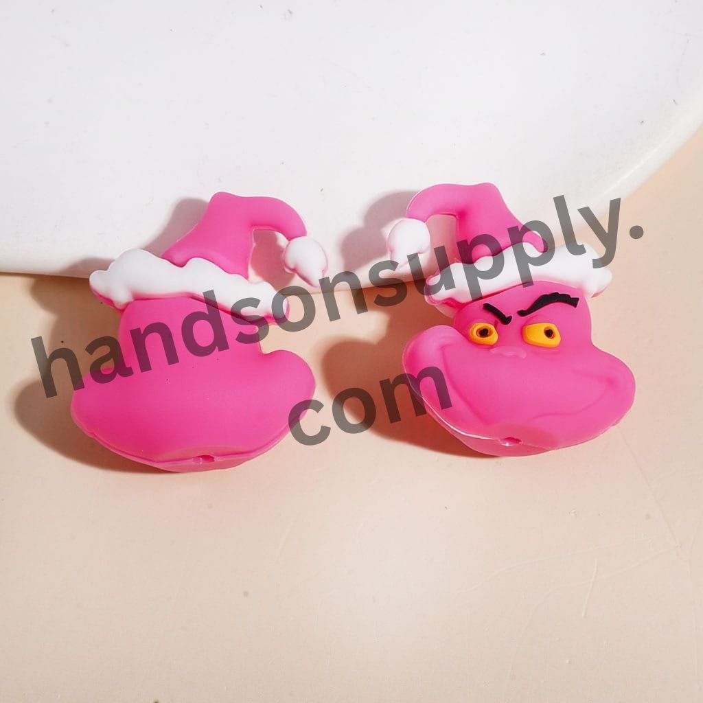 3D Cute Green Grinch Christmas Character with Santa Hat, Silicone Focal Beads Multi-Color Random Mix