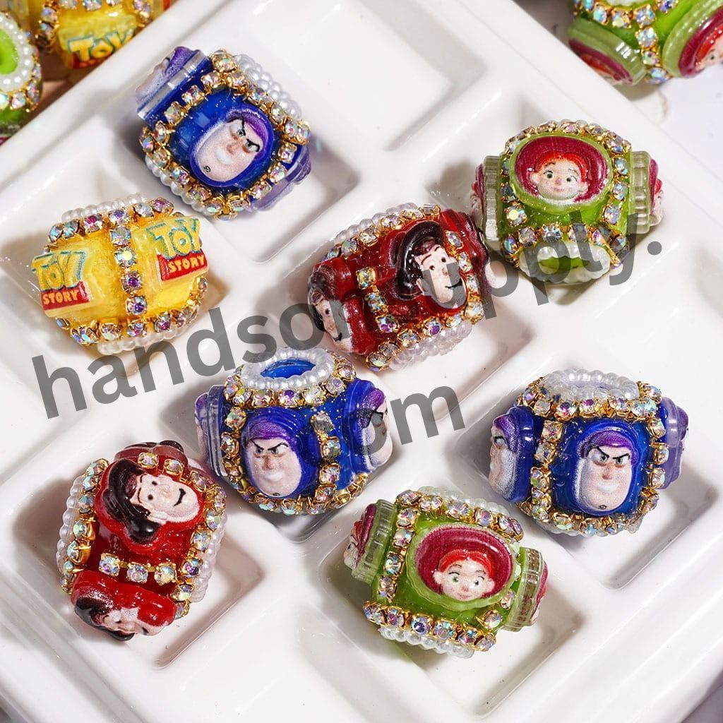 Adorable Toy Adventure Character Series with Sparkling AB Rhinestone & White Pearl Chain Accents, Handmade Acrylic Beads, 18MM, Multi-Color, Random Mix