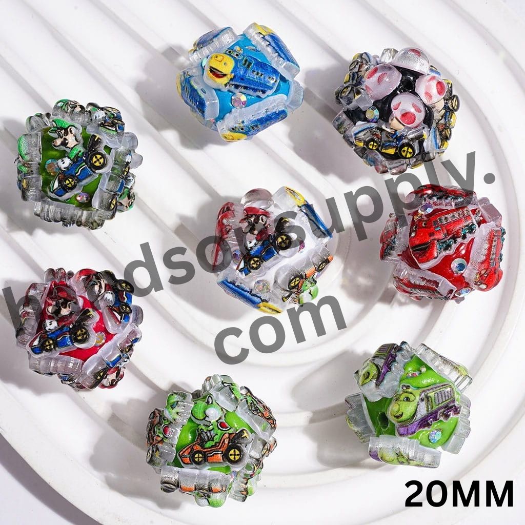 Playful Plumber Cartoon Characters & Colorful Car Designs with AB Rhinestone Clay Beads, 20MM, Multicolor, Random Mix