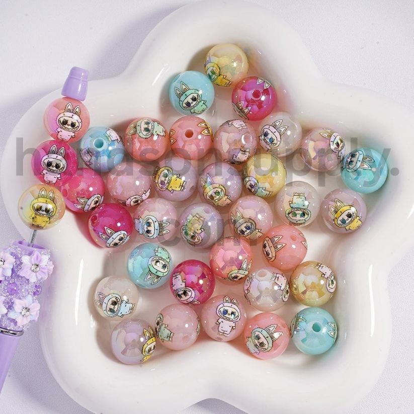 UV Coated Labubu Face Clear, White, Jelly & Solid Color Acrylic Beads 16mm Random Mix