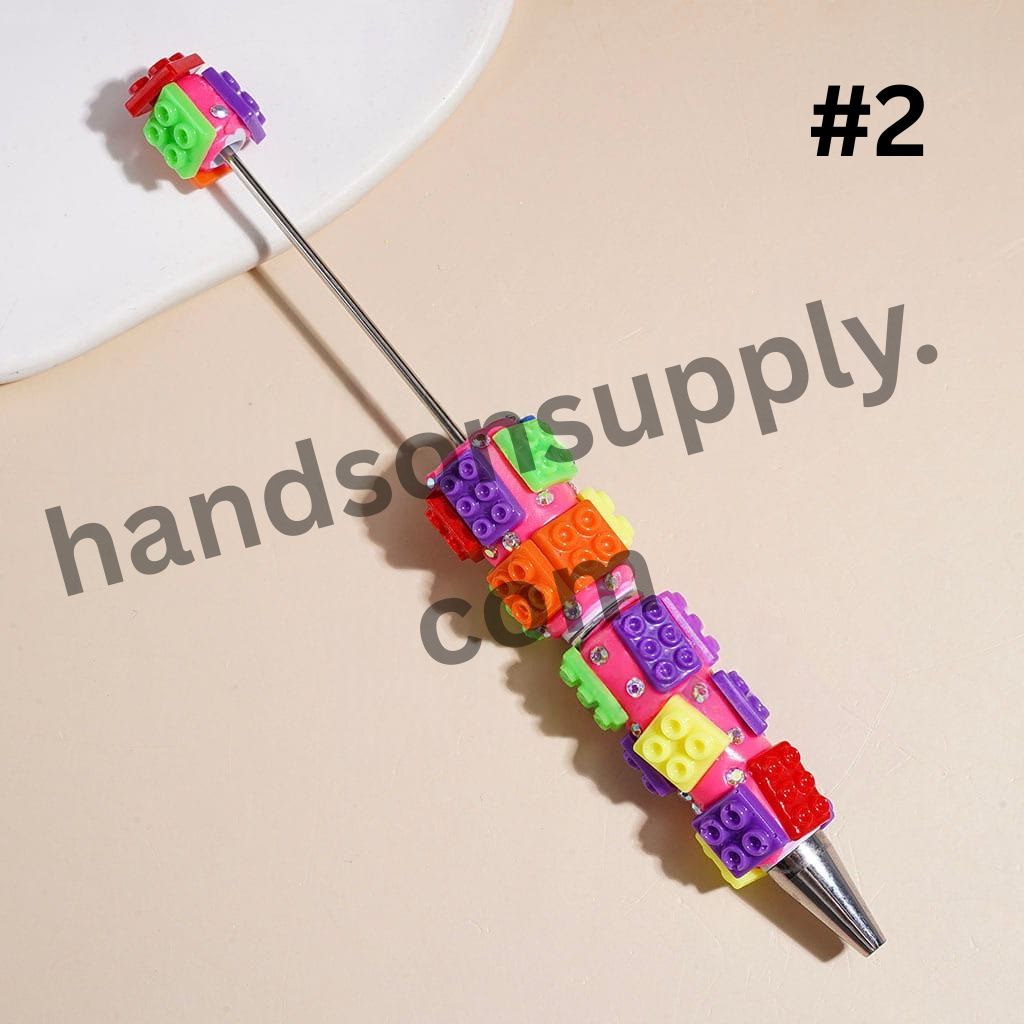 Colorful Building Block Bricks Piece Theme Beadable Clay Pens with AB Rhinestones, None Color