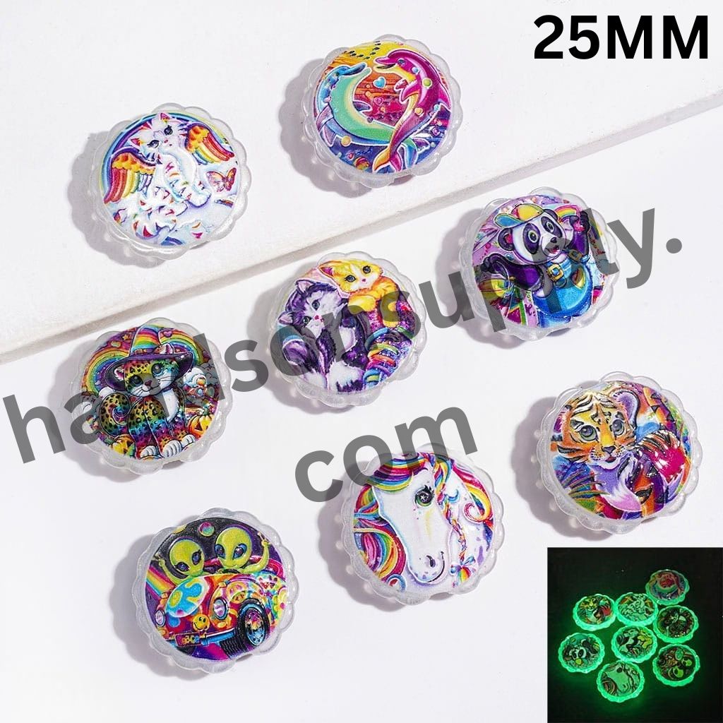 Luminous Vibrant Colored Animal Print Cat Eye Style Wavy Edge Flat Round Shape Acrylic Beads, 25MM, Random Mix