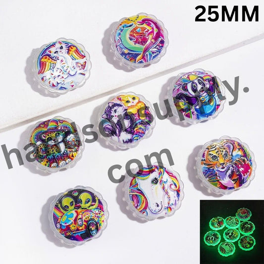 Luminous Vibrant Colored Animal Print Cat Eye Style Wavy Edge Flat Round Shape Acrylic Beads, 25MM, Random Mix