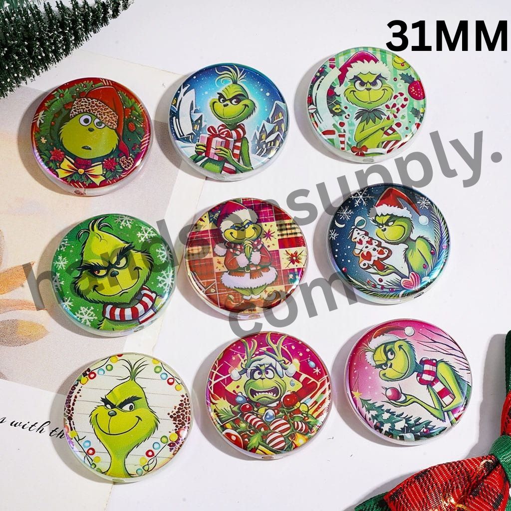 UV-Coated Whimsical Green Christmas Character Flat Round Shape Acrylic Beads, 31MM, Random Mix