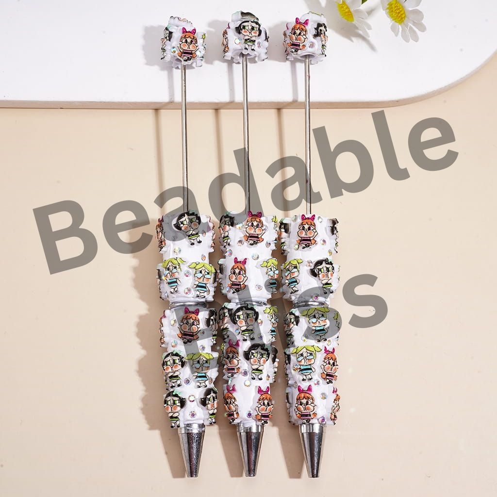 Beadable Clay Pens w Teary Baby Girl Character Print, AB Rhinestones Studded, White Base