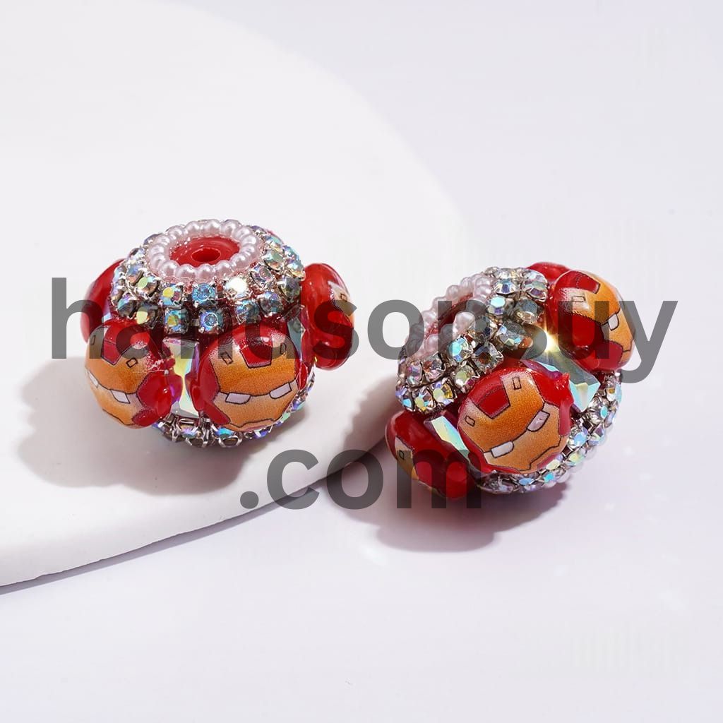 Superhero Character Handmade Acrylic Beads with Clear Rhinestone Chain & AB Crystal Spacer, 22MM, Multi Colors Random Mix