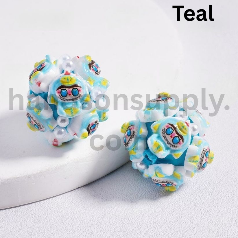 Labubu Monster Faces Pop Mar with White Pearl Accents, Clay Beads Multi-Color 20mm