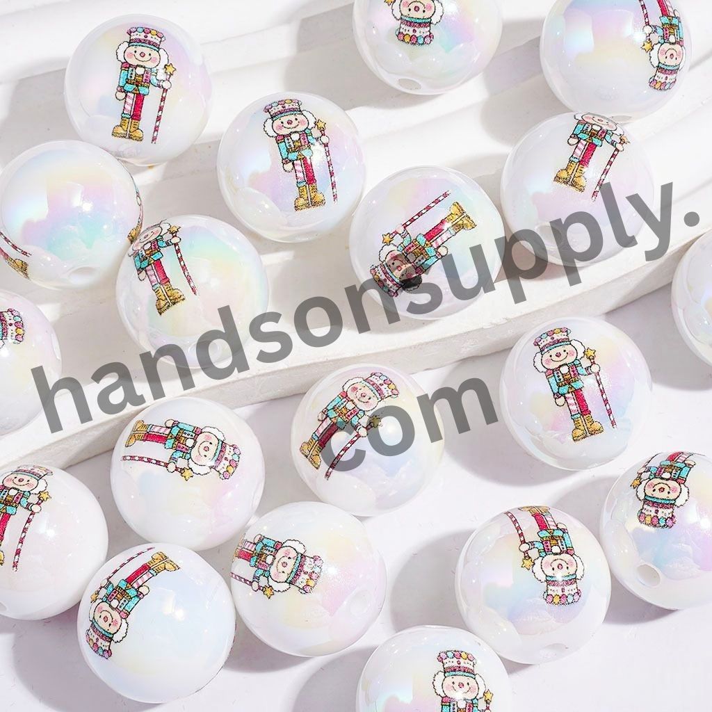 UV-Coated Festive Wooden Nutcracker Soldier Toy Character Printed Round Acrylic Beads for Bracelets, 16MM