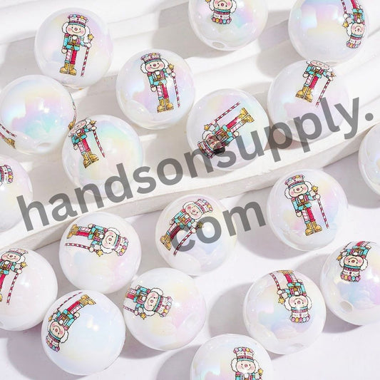 UV-Coated Festive Wooden Nutcracker Soldier Toy Character Printed Round Acrylic Beads for Bracelets, 16MM