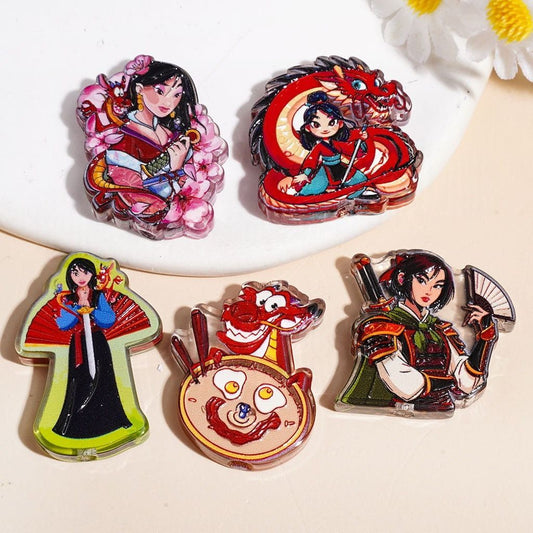 Chinese Warrior Girl Hua Mu Lan & Dragon Character Acrylic Beads, Semi-Clear, Random Mix