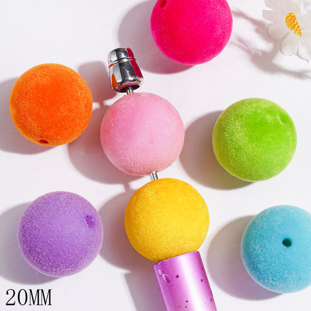 Acrylic Beads for Bracelets Flocked Fluffy Round Shape in Light Color, 20MM Multi-Color Random Mix