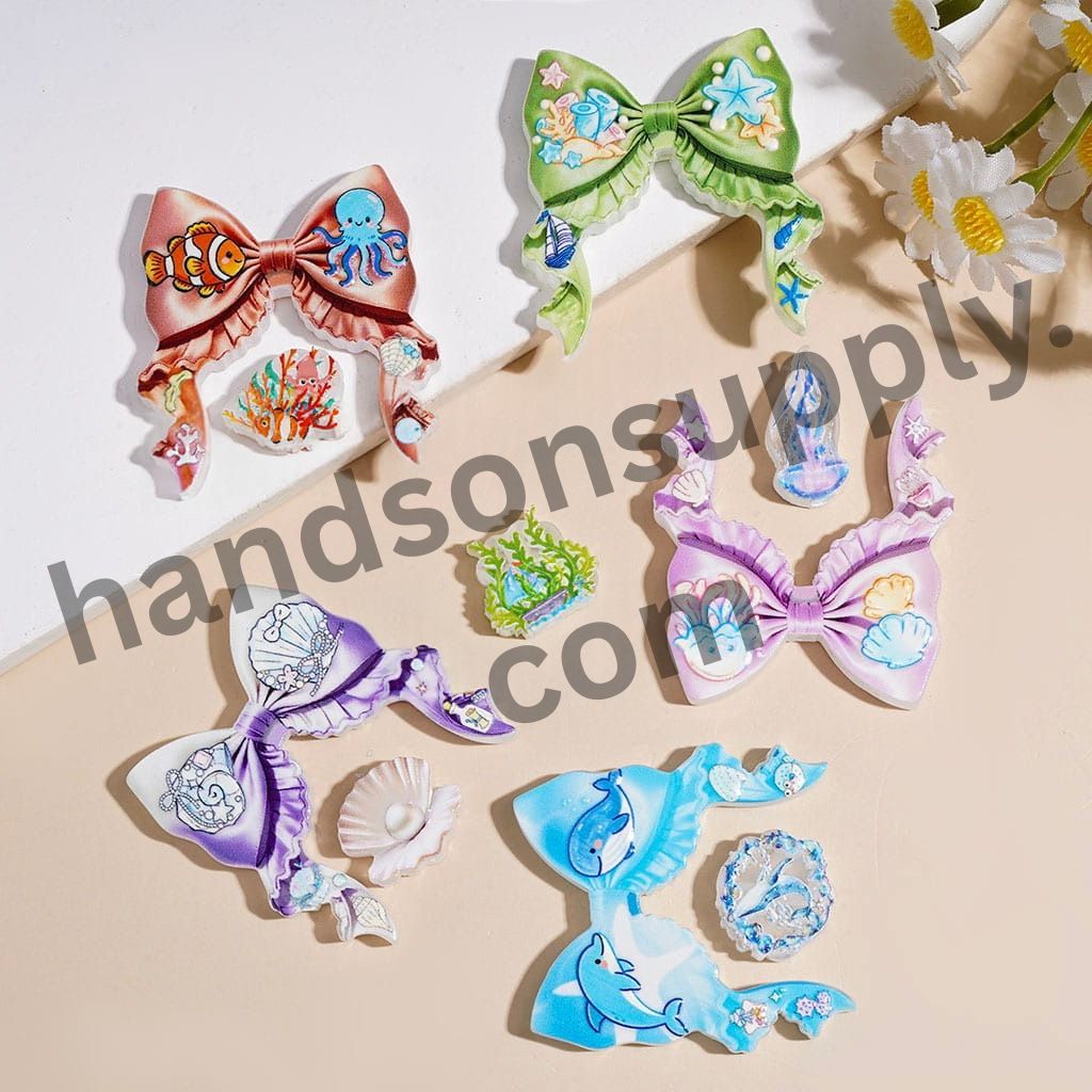 Adorable Sea Life Bow Ribbon with Fish, Dolphin, Seashell & Coral Designs, Acrylic Beads, Random Mix (Please Read Description)