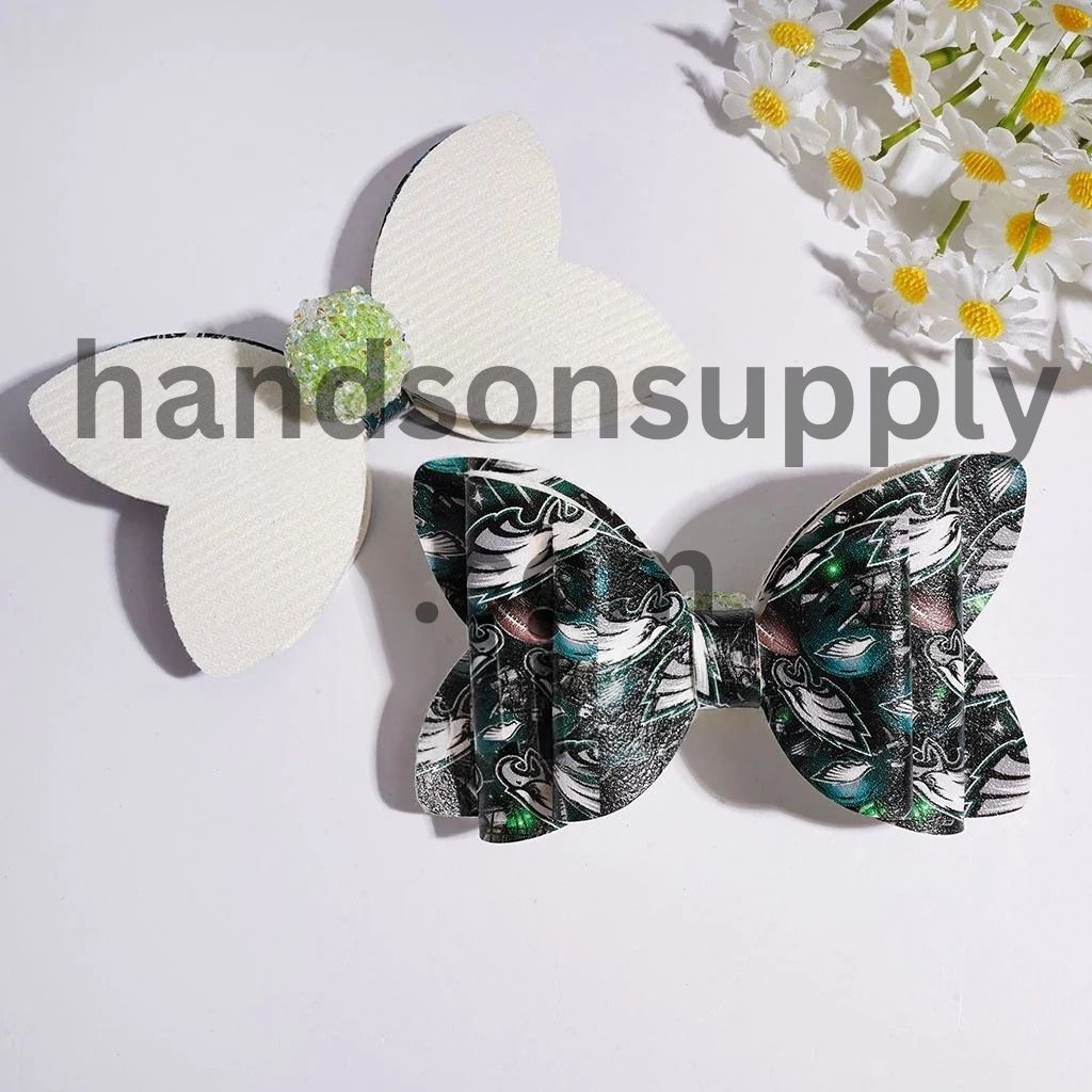 Sporty USA Football Team Pattern Printed Fabric Bowtie with Sparkling AB Rhinestone & Clear Ball Chains Acrylic Sugar Beads