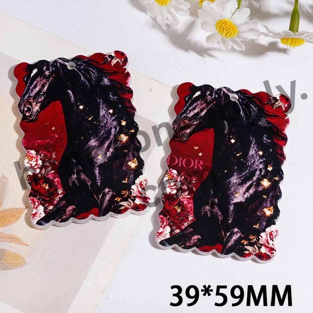 Majestic Black Horse Red and White Floral Roses & Gold Sparkle Pattern Wavy Edged Flat Rectangle Shape Acrylic Pendants, 39*59MM