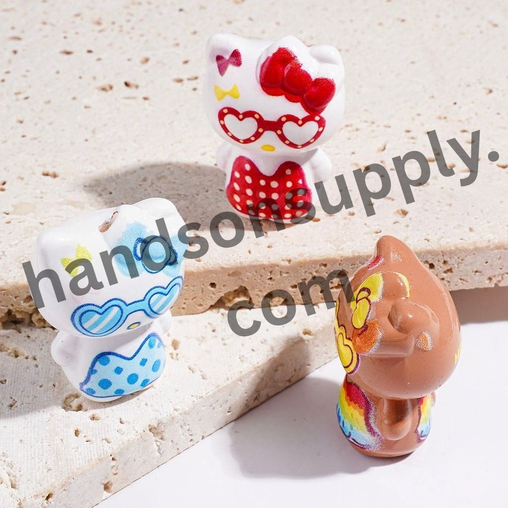 Cheerful Cat Character Series in Summer Fun Vacation Style Acrylic Beads, Height 32MM, Multi-Color Random Mix