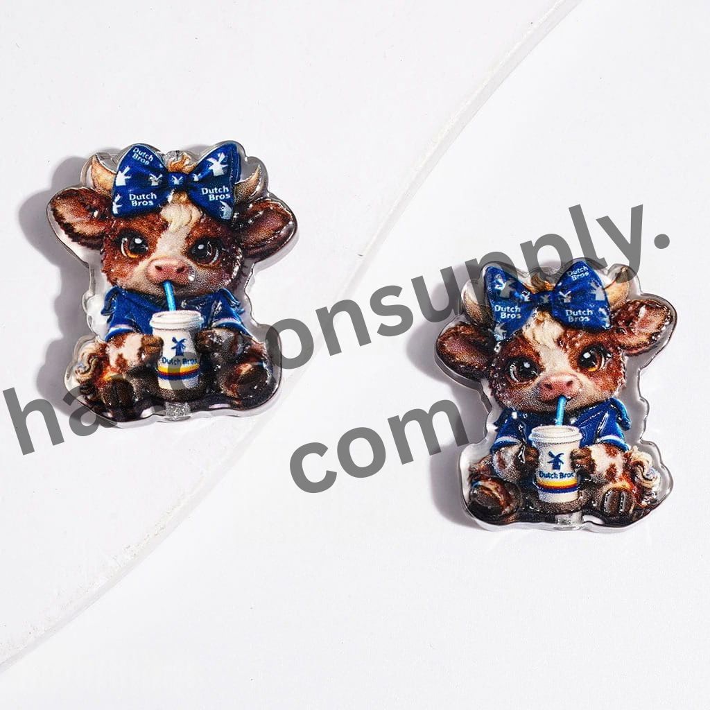 Adorable Highland Cattle Wearing Blue Outfit Sipping Coffee in Sitting Pose Acrylic Beads, 22*25MM